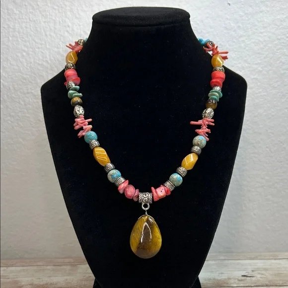 Gorgeous Coral, Turquoise and 925 Necklace with Tigers Eye Stone Pendant